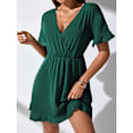 Miniatyrbillede 4 af 4: HAUFR Kvinders Sommer Polka Dots V-hals Flæser Cap Sleeve A Line Mini Kjole Dark Green X-Small