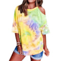 Miniatyrbilde 3 av 4: Dame T-skjorte Tie-dye trykt løs topp kald skulderbluse Yellow XL