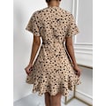 Miniatyrbillede 2 af 4: HAUFR Kvinders Sommer Polka Dots V-hals Flæser Cap Sleeve A Line Mini Kjole Khaki X-Small