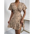 Miniatyrbillede 4 af 4: HAUFR Kvinders Sommer Polka Dots V-hals Flæser Cap Sleeve A Line Mini Kjole Khaki X-Small