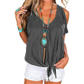 Miniatyrbilde 1 av 5: Dame T-skjorte V-hals kald skulder topp kortermet Casual Dark Gray S