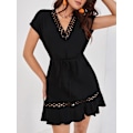 Miniatyrbillede 4 af 4: HAUFR Kvinders Sommer Polka Dots V-hals Flæser Cap Sleeve A Line Mini Kjole Black Solid X-Large