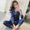 Miniatyrbillede 6 af 6: Soft Plain Silke Satin Pyjamas Langærmet nattøjssæt Nattøj Purple XXL