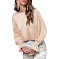 Miniatyrbilde 1 av 3: HAUFR Gensere for kvinner Dressy Uformell, rund hals Ruffle Bubble Langermede skjorter Solid sateng bluser X-Large Apricot Apricot