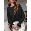 Miniatyrbilde 2 av 3: HAUFR Gensere for kvinner Dressy Uformell, rund hals Ruffle Bubble Langermede skjorter Solid sateng bluser Black Black