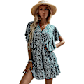 Miniatyrbillede 1 af 4: HAUFR Kvinders Sommer Polka Dots V-hals Flæser Cap Sleeve A Line Mini Kjole Green X-Large