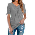 Miniatyrbillede 3 af 4: Dame top efterår afslappet pullover skjorte V-hals ensfarvet bluse Short Sleeve S