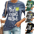 Miniatyrbillede 2 af 5: Kvinder Langærmet Jule Letter Print T-shirt Rund Hals Jul Wine Red L