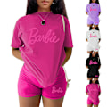 Pikkukuva 4 / 5: Naisten verryttelypuku, 2-osainen Barbie-urheilupuku, lyhythihainen toppi, T-paita ja shortsit, rento kesäurheiluvaatetussetti Black M