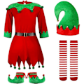Miniatyrbild 2 av 5: Jultomte Kostym för Flickor, Santa Helper Kostym, Jul Festkläder med Tomteluva, Skor, Bälte, Randiga Strumpor för 3-10 År 130cm