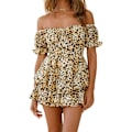 Miniatyrbillede 1 af 5: Blomstret Off Shoulder Legedragt Romper Shorts Flæse Jumpsuit til Kvinder Leopard M