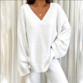 Miniatyrbilde 4 av 5: Todelt klesett med vide ben for damer Polar Fleece V-hals Lounge sett White S