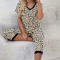 Miniatyrbild 6 av 7: Dampyjamas 2 delar Sovkläder kortärmad Tee & capribyxor Khaki Leopard L