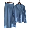 Miniatyrbild 1 av 2: Damer Damer Casual 2-delad blus outfit Bomull Linne Långärmad skjorta med knappar Topp + Wide Ben Byxor Lounge Set Blue XL