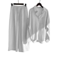 Miniatyrbild 1 av 2: Damer Damer Casual 2-delad blus outfit Bomull Linne Långärmad skjorta med knappar Topp + Wide Ben Byxor Lounge Set White 2XL