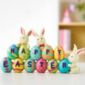 Happy Easter Table Decoration Rabbit and Easter Egg Figurine Table Decoration for the Easter Season.