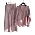 Miniatyrbild 1 av 2: Damer Damer Casual 2-delad blus outfit Bomull Linne Långärmad skjorta med knappar Topp + Wide Ben Byxor Lounge Set Pink S