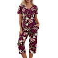 Pikkukuva 1 / 7: Naisten pyjama 2-osainen yöasu lyhythihainen T-paita & caprihousut Red L