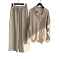 Miniatyrbild 1 av 2: Damer Damer Casual 2-delad blus outfit Bomull Linne Långärmad skjorta med knappar Topp + Wide Ben Byxor Lounge Set Apricot M