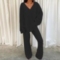 Miniatyrbillede 1 af 4: Todelt sæt med brede ben til damer Polar Fleece V-hals Loungesæt Black 3XL