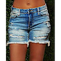 Miniatyrbild 2 av 3: Hålstil dam rippade jeansshorts, hög stretchig fåll Shorts för damshorts XL, mörkblå