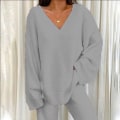 Pikkukuva 3 / 4: Naisten leveälahkeinen kaksiosainen asu Polar Fleece V-kaula-aukkoinen oloasu Light Grey 2XL