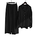 Miniatyrbild 1 av 2: Damer Damer Casual 2-delad blus outfit Bomull Linne Långärmad skjorta med knappar Topp + Wide Ben Byxor Lounge Set Black M