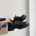 Miniatyrbild 3 av 5: Läder damklackar Sexiga tjocksulade snörskor light black 38