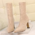 Miniatyrbild 3 av 5: Dam Stora Storlekar Flock Sexiga Party Tjock Klack Ankelboots Skor Beige 7CM 10