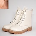 Miniatyrbild 1 av 5: Kvinnor Höst Vinter Låg Klack Cross Strap Läder Ankel Boots Beige PU Inside 34 /
