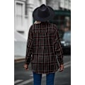 Miniatyrbillede 4 af 5: Rutete langærmet skjorte dame Button Down uldblanding tynd jakke Casual blusetoppe med lomme Black Black L
