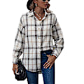 Miniatyrbilde 1 av 5: Rutete langermet skjorte dame Button Down ullblanding tynn jakke Casual blusetopper med lomme white white XL