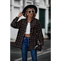 Miniatyrbillede 2 af 5: Rutete langærmet skjorte dame Button Down uldblanding tynd jakke Casual blusetoppe med lomme Black Black L