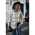Miniatyrbilde 3 av 5: Rutete langermet skjorte dame Button Down ullblanding tynn jakke Casual blusetopper med lomme white white XL