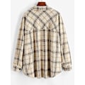 Miniatyrbilde 3 av 5: Rutete langermet skjorte dame Button Down ullblanding tynn jakke Casual blusetopper med lomme Coffee Coffee L