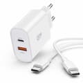 Snabbladdare för iPhone / Samsung  Dual Port USB-C med USB-C Kabel Vit