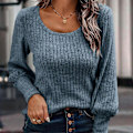 Miniatyrbild 1 av 5: Kvinna Rundhals Långärmad Topp Solid Färg Puffärm Casual T-shirt Blus för Kontor Dating Shopping Blå S