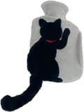 Varmvattenflaska med mjukt överdrag, 1L säker PVC-foder, svart kattdesign med lång svans, vinterpresent, 15,5 x 24 cm
