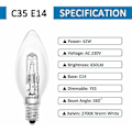 Miniatyrbillede 3 af 5: E14 Glødelampe 60w 230v, E14 Flammepære, Dæmpbar Varm Hvid 2700k, 650lm, C35 Klar Pære, Kompatibel Lysekrone, Bordlampe, Pakke Med 6