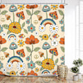 Miniatyrbild 1 av 4: Boho svamp duschdraperi set retro trippy badrumsdekor gul orange blomma blommig rolig söt bohemisk hippie rustik 60wx72l tum badtillbehör