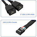Miniatyrbillede 4 af 5: 2 stk. Computer Motherboard USB 2.0 9-polet til dobbelt 9-polet forlængerkabel Y-splitter Audio HD forlængerkabel Sort