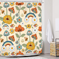 Miniatyrbild 2 av 4: Boho svamp duschdraperi set retro trippy badrumsdekor gul orange blomma blommig rolig söt bohemisk hippie rustik 60wx72l tum badtillbehör