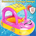 Miniatyrbillede 2 af 5: 2023 - Oppustelig Baby Pool Float Med Baldakin, Bilformet Baby Svømme Float Båd Med Solsejl Sikkerhedssæde Til Småbørn Spædbarn Svømme Ring Pool (Pink)