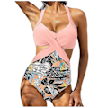 Miniatyrbild 1 av 5: Kvinnor främre kors urklippt baddräkt i ett stycke magkontroll badkläder tankini monokini strandkläder Pink XL