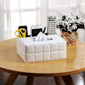Miniatyrbild 5 av 5: Multifunktionell Pennhållare och Tissue Box-överdrag i Läder, Skrivbordsförvaringslåda för Hem och Kontor (Vitt Rutmönster)