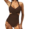 Miniatyrbild 2 av 5: Kvinnor främre kors urklippt baddräkt i ett stycke magkontroll badkläder tankini monokini strandkläder Brown M