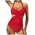 Miniatyrbild 1 av 5: Kvinnor främre kors urklippt baddräkt i ett stycke magkontroll badkläder tankini monokini strandkläder Red XL