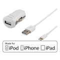 Miniatyrbild 1 av 2: DELTACO Billader med lightning-kabel, 1A, MFi, 12-24V, 1m, hvid