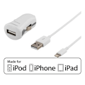 Miniatyrbild 1 av 2: DELTACO Billader med lightning-kabel, 1A, MFi, 12-24V, 1m, hvid