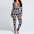 Miniatyrbild 1 av 4: Dam One Piece Tryckt Sovplagg Jul Pyjamas Jumpsuit Rompers Långärmad Nattlinne